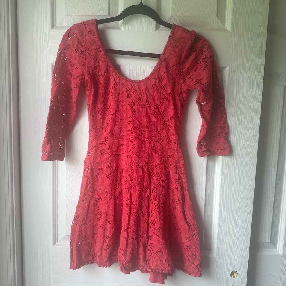 Free People Vibrant Red Lace Fit and Flare Scoop Neck Dress